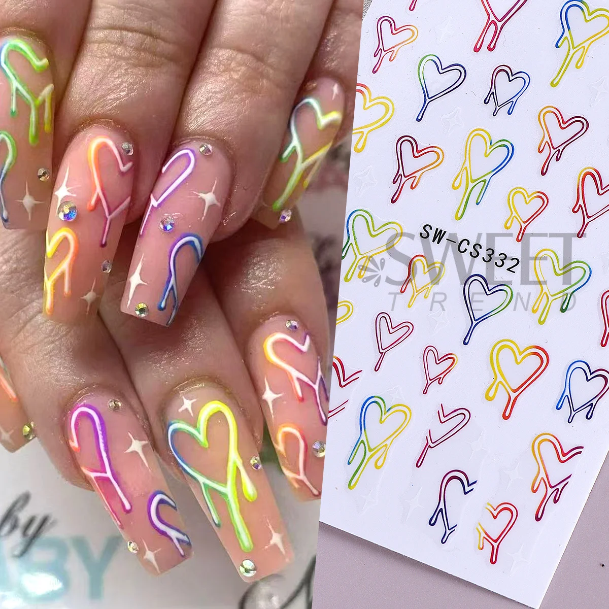 3 قطعة ملصقات أظافر على شكل قلب نيون ملونة جرافيتي قوس قزح تصميم خط تجريدي Y2K نمط عيد الحب لامع ملصق مانيكير إكسسوار #3