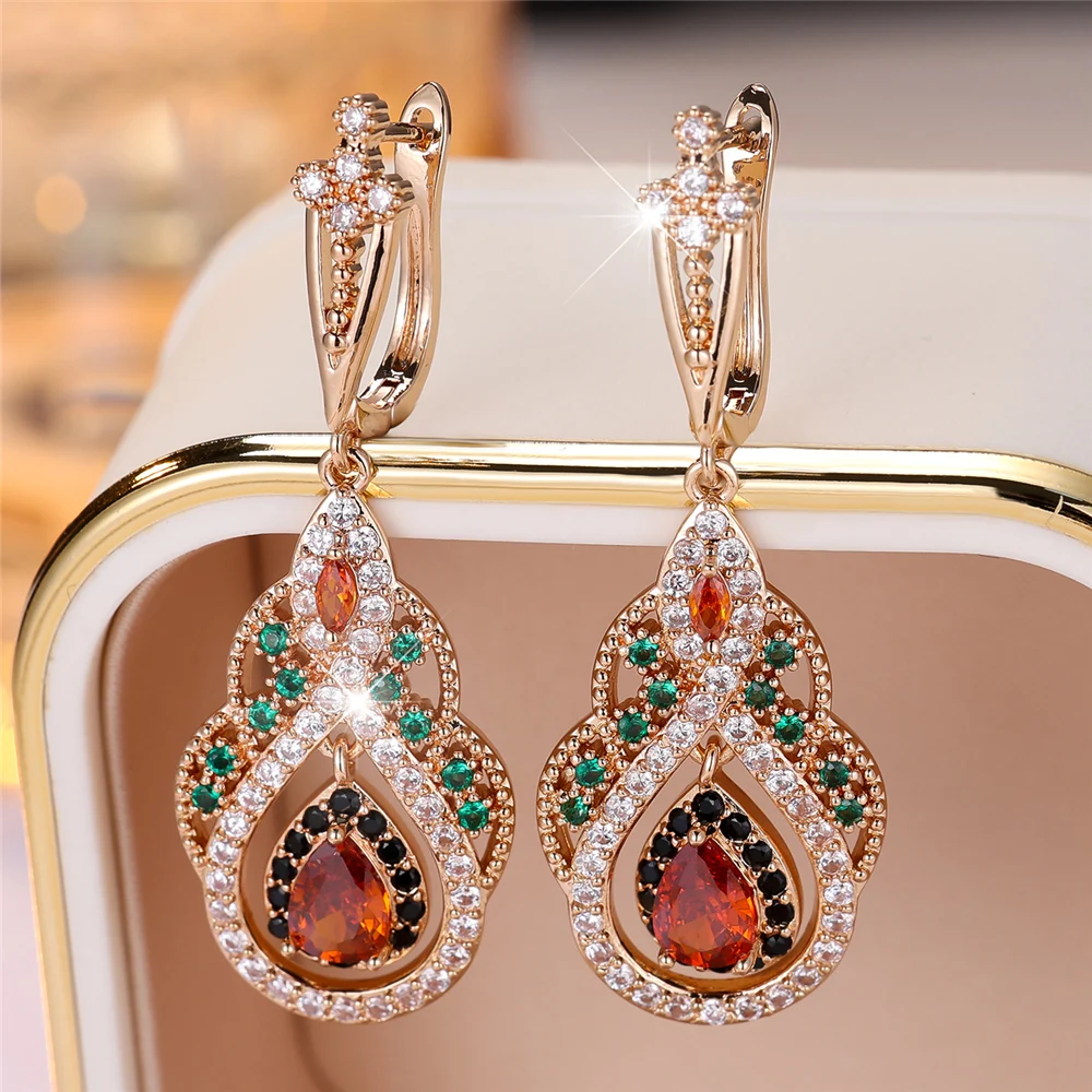 Trendy Crystal Red Zircon Drop Water Hoop Earrings For Women Vintage Gold Color Wedding Jewelry