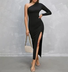 Elegant Women's Party Dresses Sexy One Shoulder Long Sleeve Tight High Waist Basic Versatile Minimalist Split Black Long Dresses