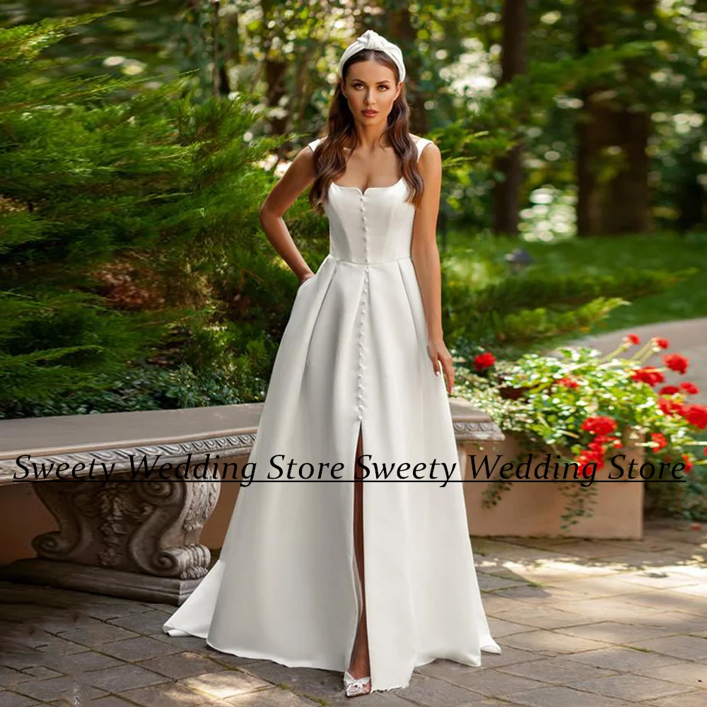 

Jiayigong Sexy Ivory Wedding Dress 2023 New Arrival Square Neck Sleeveless Front Split Buttons Sweep Train A Line Bridal Gown