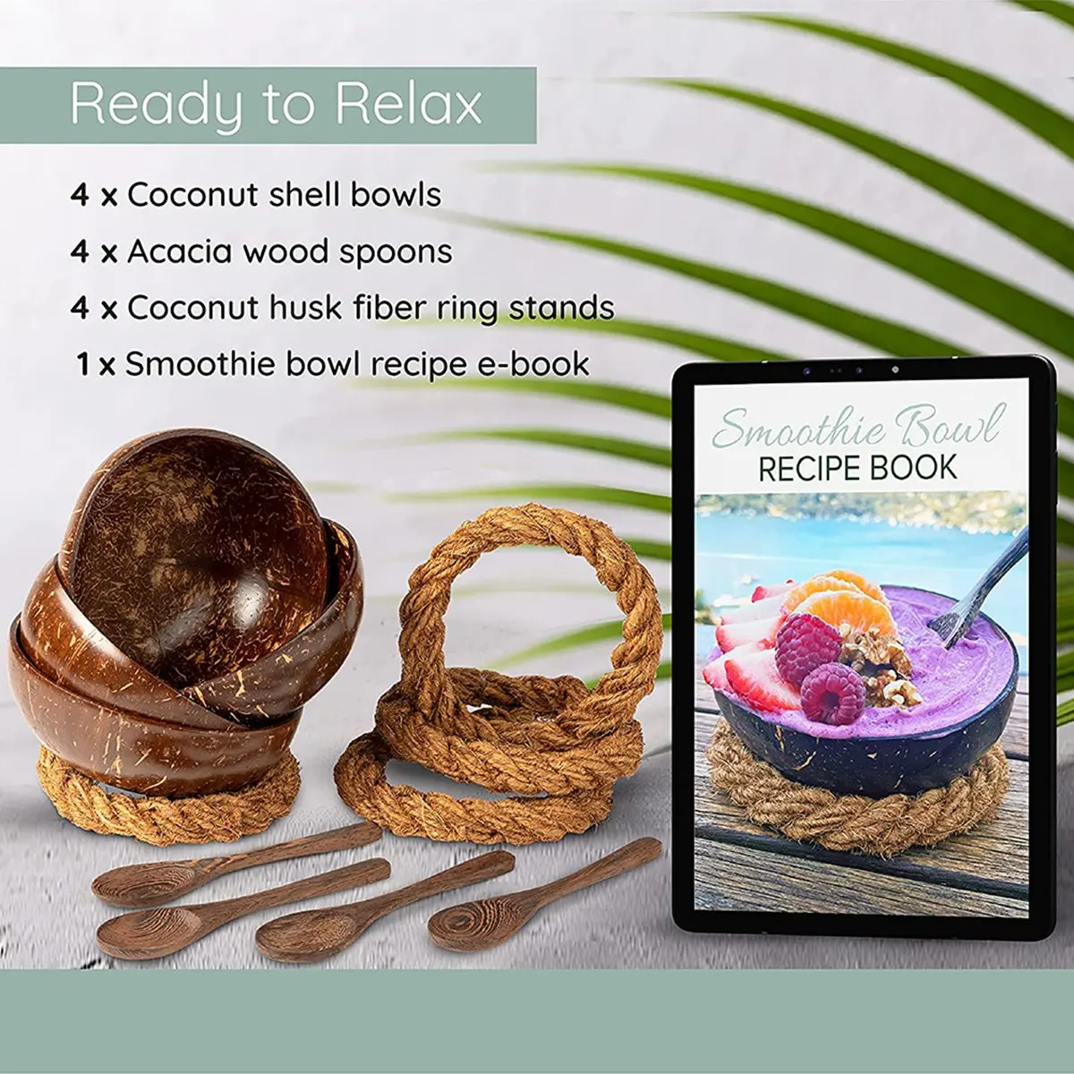 

ABMH-Набор из 4 кокосовых чаш с ложками и подставками - Чашки из кокосовой скорлупы + деревянные ложки и устойчивые подставки для салата