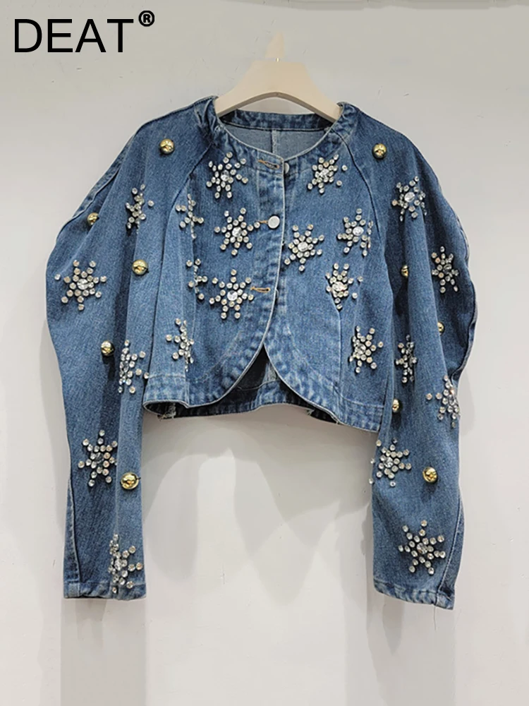 DEAT Women Denim Coat O-neck Puff Sleeve Embroidered Flares Flower Single Breasted Short Jackets 2024 Autumn New Fashion 29L3222