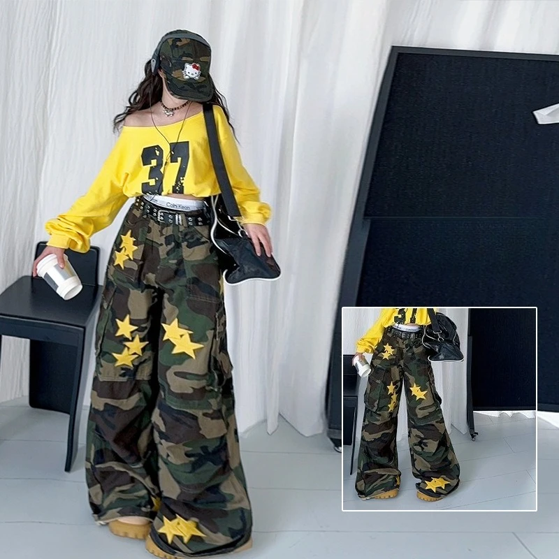 

teen girl jazz hip-hop street dance performance set cotton tops+camouflage pants 2pcs junior kids model runway outfits outfit 14