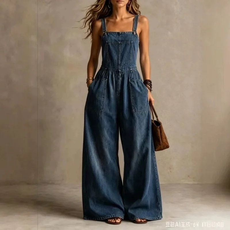 Women Vintage Denim Overall Jumpsuit Square‑neck Elastic Waist Wide‑Leg Baggy Overalls Casual Sleeveless Long Pants Romper 2026