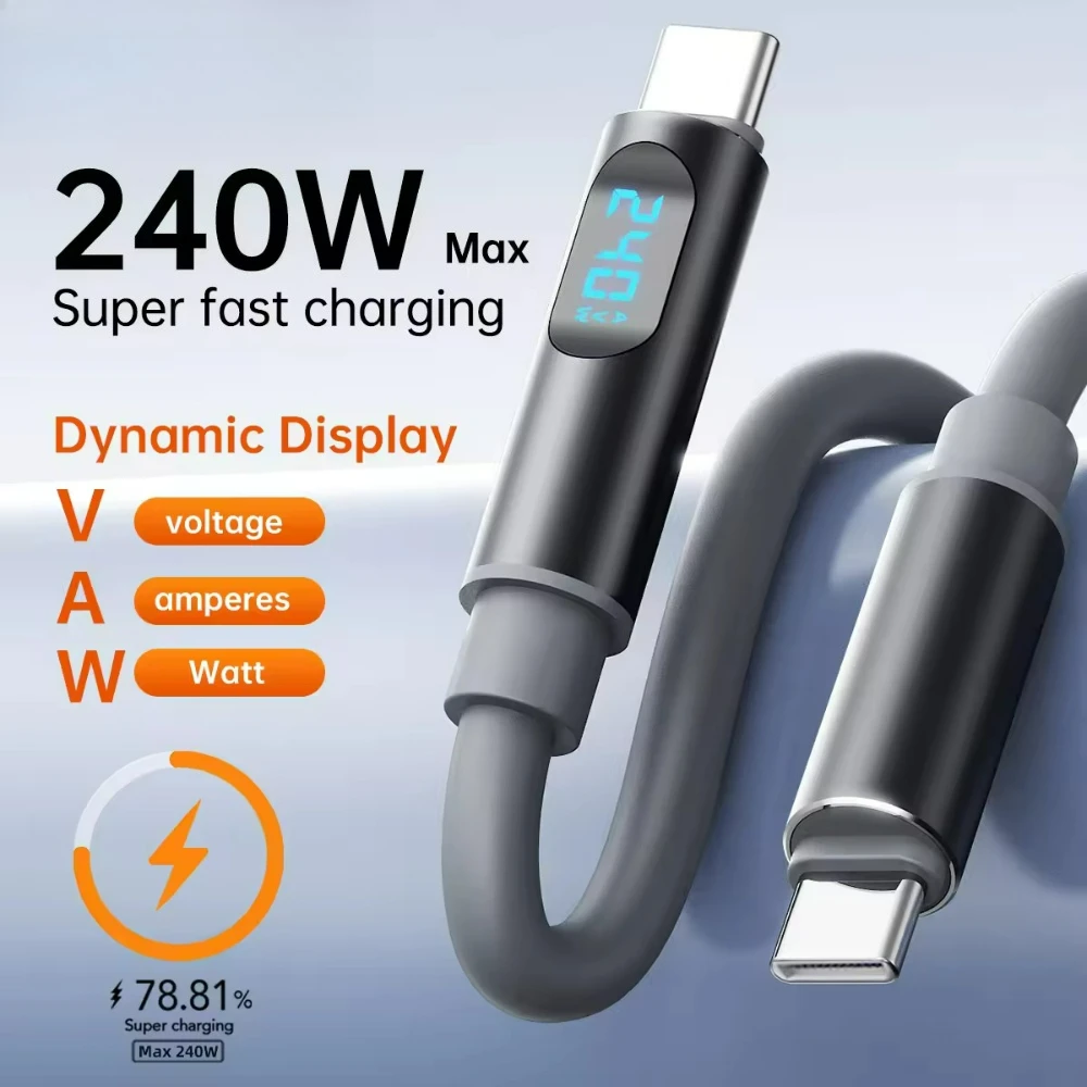 240W Type C Fast Charging Cable Type C to C Cord with LCD Power Dynamic Display Data Transfer Cord for iPhone 17 Samsung Xiaomi