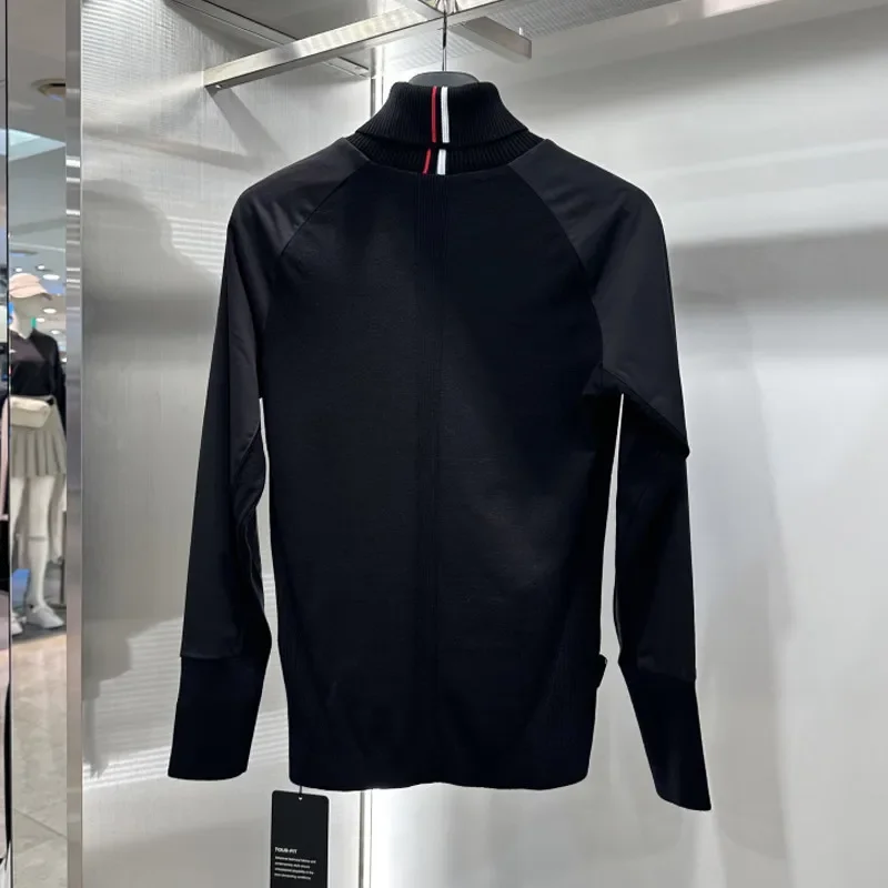 Women's Golf Knit Sweater 2026 Fall New Korean Style Thermal Stretch Slim Fit Stand Collar Spliced Long Sleeve Base Layer Soft