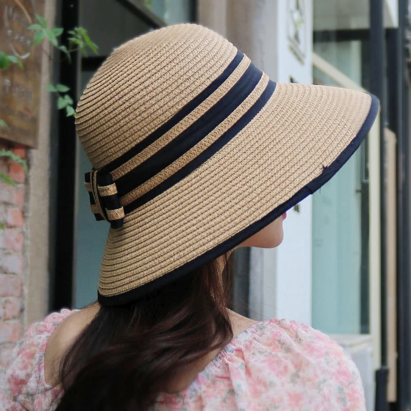 Sun hat for women in summer, fashionable sun protection, bow shaped sun hat, foldable straw woven large brim beach hat for outdo