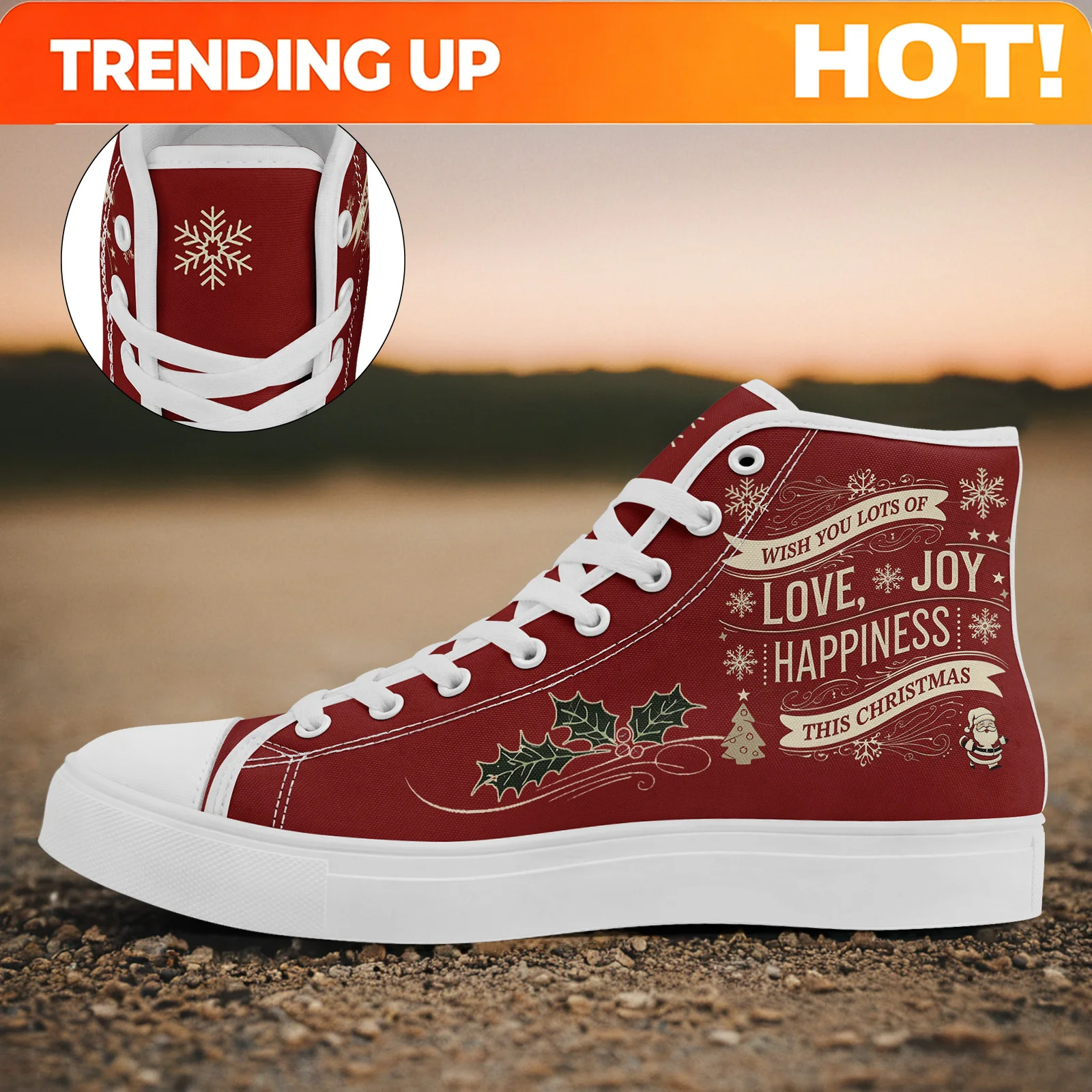 Customization Merry Christmas Plus Size High-Top Sneakers For Men, Holiday Letter Snowflake Graphic Winter Style, Men'S Fashion
