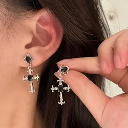 Gothic Cross Black Drill Drop Earrings for Women New Punk Halloween Jewellery Creativity Fashion Statement Jewelry Girl Gifts