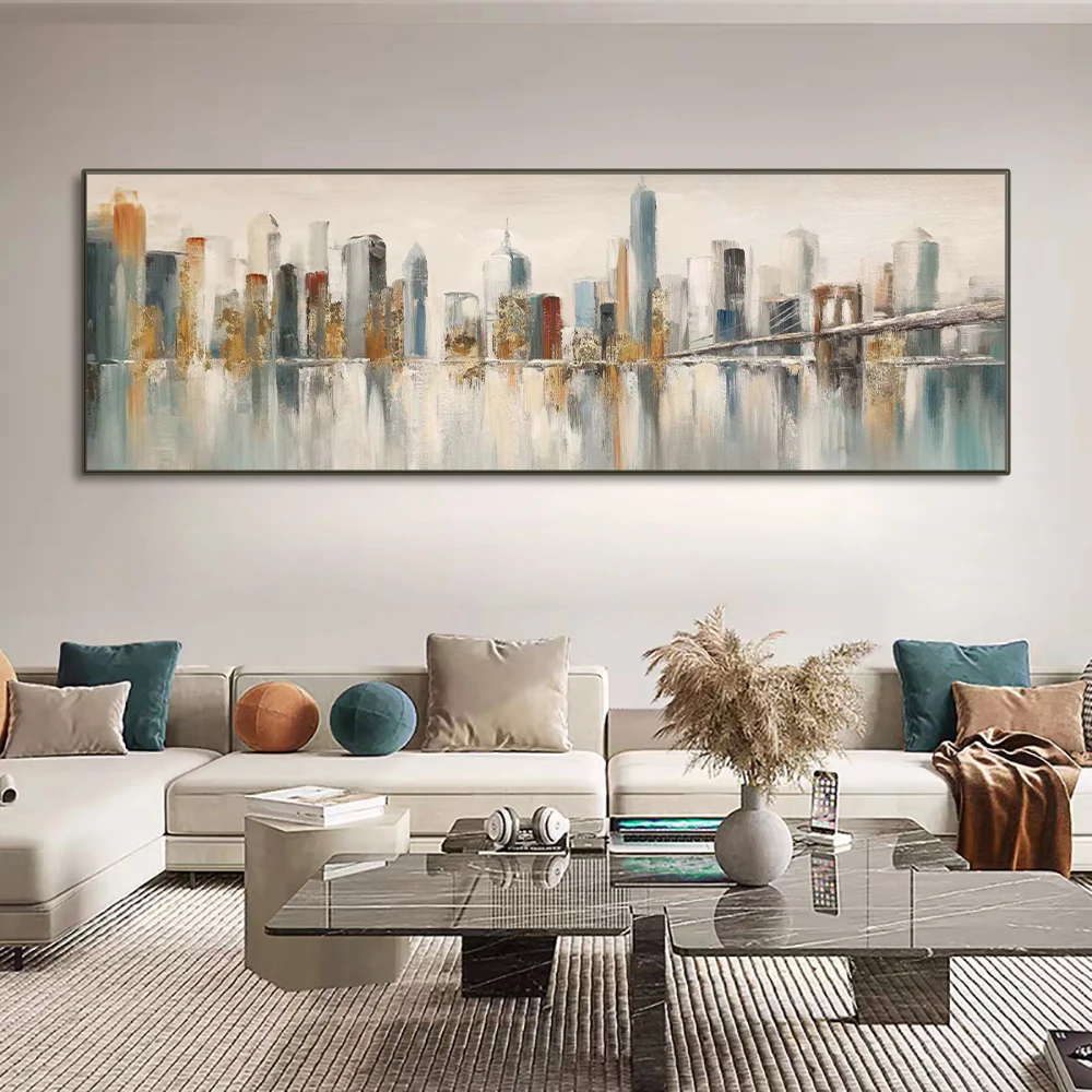 

Morden Abstract New York Cityscape Oil Painting on Canvas Original Brooklyn Bridge Skyline Wall Art Picture For Livingroom Decor