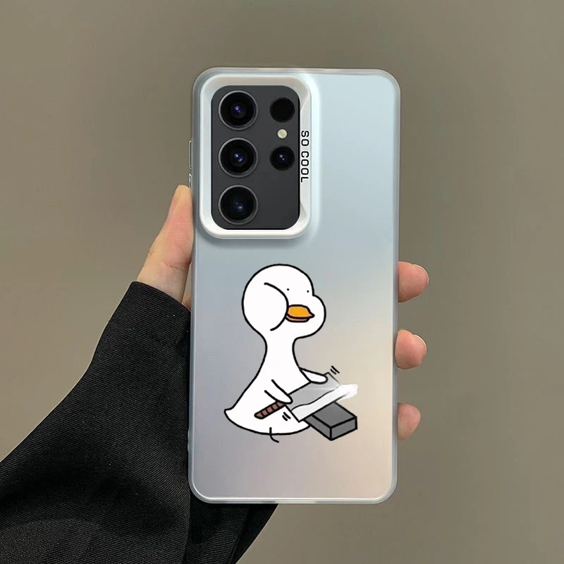 Phone Case For Samsung A56 A36 A26 A24 A16 A14 A12 A32 A50 A70 A22 A30 A34 A54 A52 5G A06 4G Silver IMD Cover Funny Cute Duck