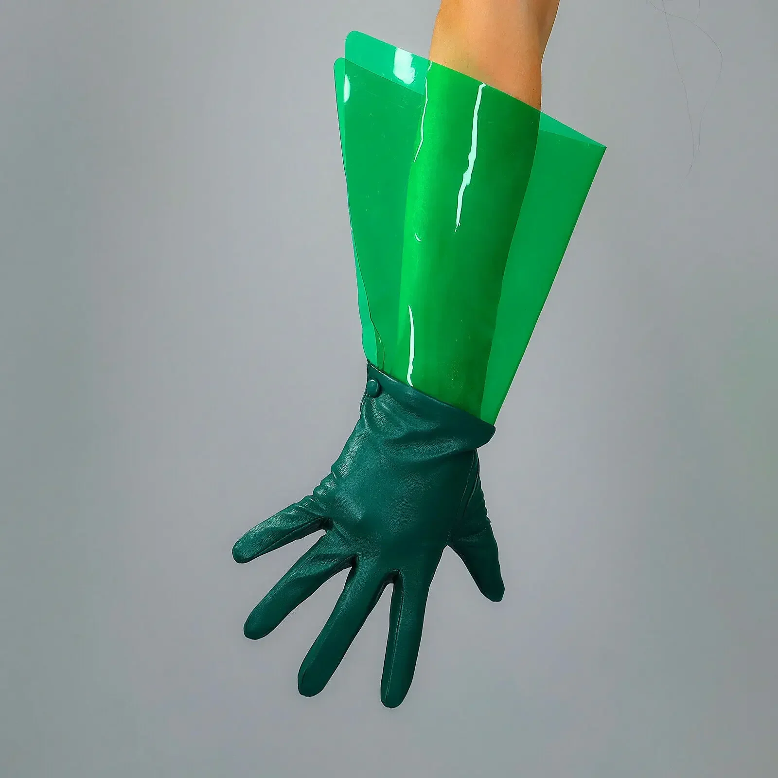 Forest Green PVC GLOVES CLEAR Plastic Sleeves Faux Leather 38cm Long Transparent Cosplay Dressing Fashion Costume Christmas