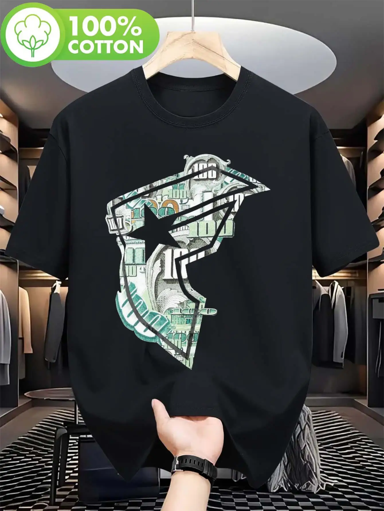 Men's Mula Boh Printed T-Shirt - Medium Size, Black Style with Star Pattern on the Shoulder Straps, Pure Casual Short-Sleeved Crew Neck Shirt, Bohemian Style Suitable for Everyday Wear, Hiking, and Outdoor Activities, Suitable for All Seasons and Machine Washable