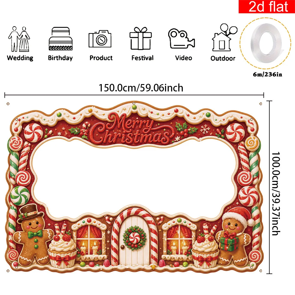 1pc Gingerbread House Christmas Photo Backdrop, 3 styles Hollowed-Out Frame Banner, Christmas Photography Prop, Party Decoration