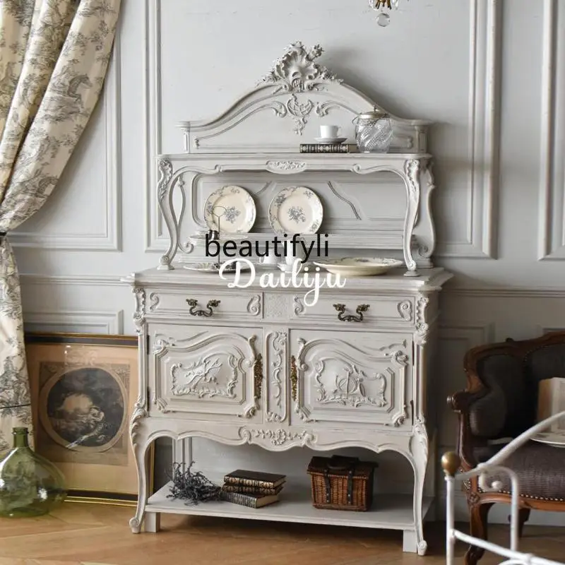 

French-style Solid Wood Cream-colored Storage Cabinet Vintage-style Distressed Sideboard
