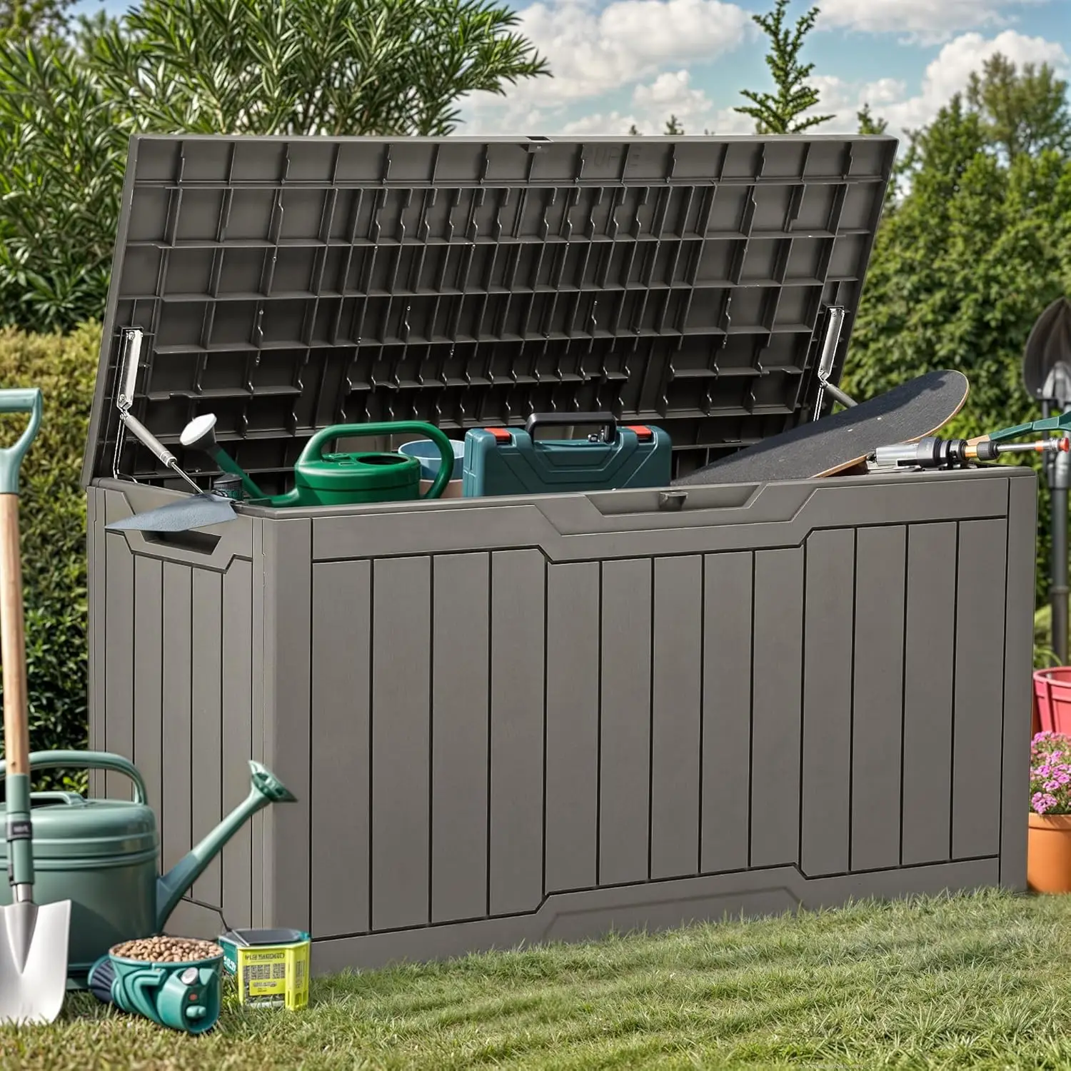 80 Gallon Waterproof Outdoor Storage Box, Lockable Deck Box for Supplies and Essentials in Taupe
