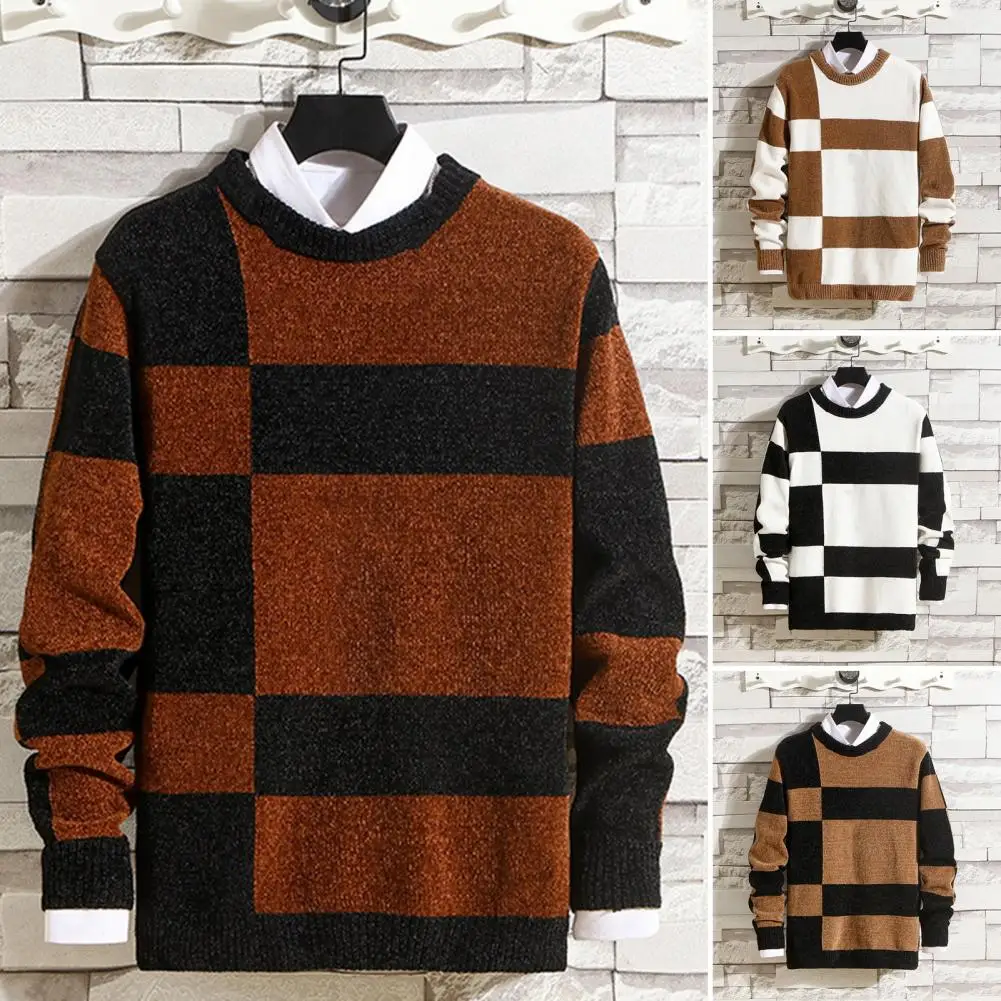 Color Matching Sweater Slim Fit Sweater Colorblock Knitted Men's Winter Sweaters Thick Soft Stylish Pullovers for Outdoor