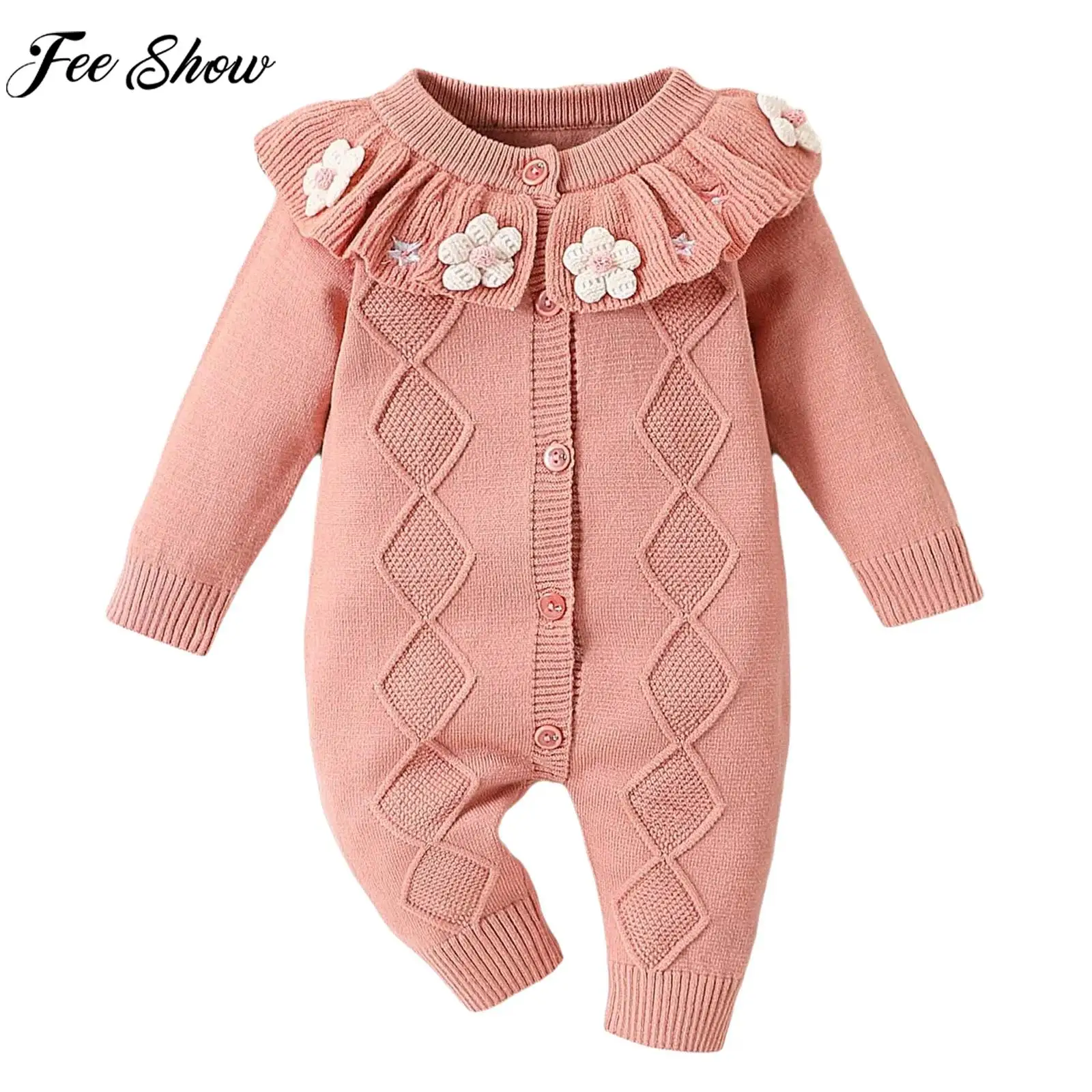 

Baby Girls Winter Warm Sweet Cute 3D Flower Sweater Romper Long Sleeves Ruffled Collar Knitted Cardigan Bodysuit for Daily Party