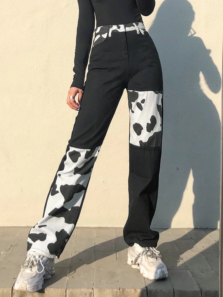 HEYounGIRL Patchwork Cow Print Jeans Women Casual High Waisted Pants Capris Harajuku 90s Black Long Trousers Ladies Street