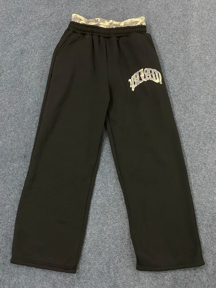 Autumn Winter Leopard Print Camouflage Letter Patchwork Double Waistband Straight Pants Y2K High Street Harajuku Hip Hop Slacks