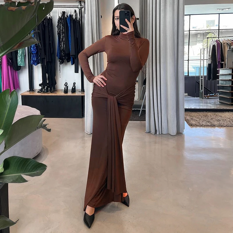 Women Dresses Autumn Winter New Black Sexy Maxi Dresses Streetwear Fashion Long Sleeves Turtleneck Elegant Female Folds Dresses