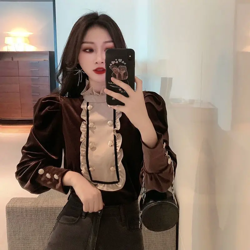 Fashion Butterfly Sleeve Spliced Button Ruffles Puff Sleeve Blouse Women\'s Clothing 2023 Winter New Casual Pullovers Sweet Shirt