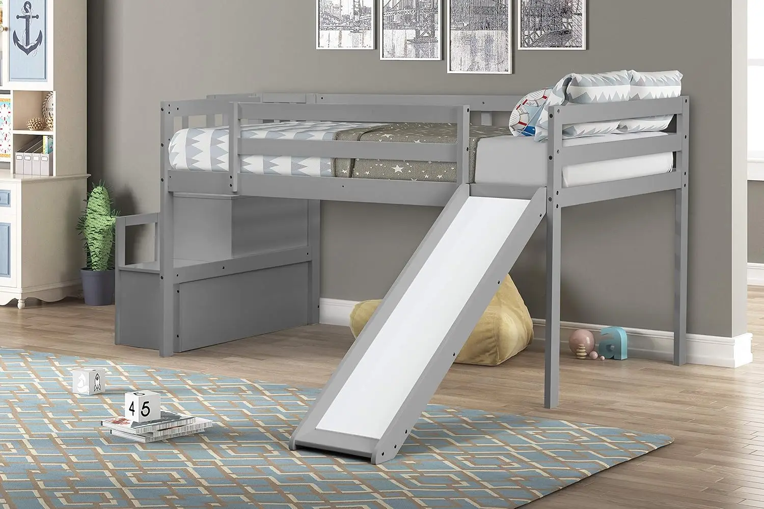 Twin Loft Bed With Slide Staircase Storage,Full-Length Safety Guardrails For Junior Boys Girls,No Box Spring Needed,Grey