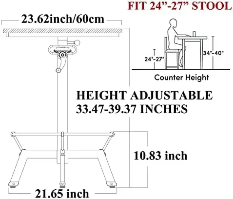 33.5-39.4' Adjustable Industrial Bar Table, 23.7' Round Wood Top, Metal Base