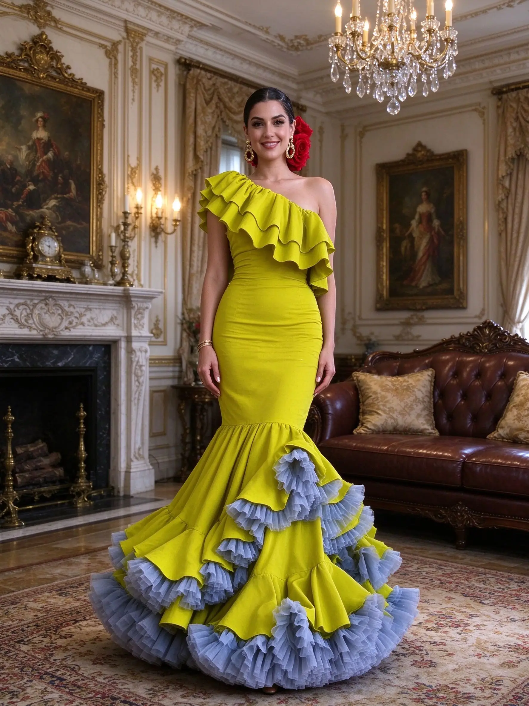 One Shoulder Mermaid Flamenco Style Prom Dress Multi Layer Ruffle Skirt Tulle Hem Vibrant Yellow Formal Party PCustomized