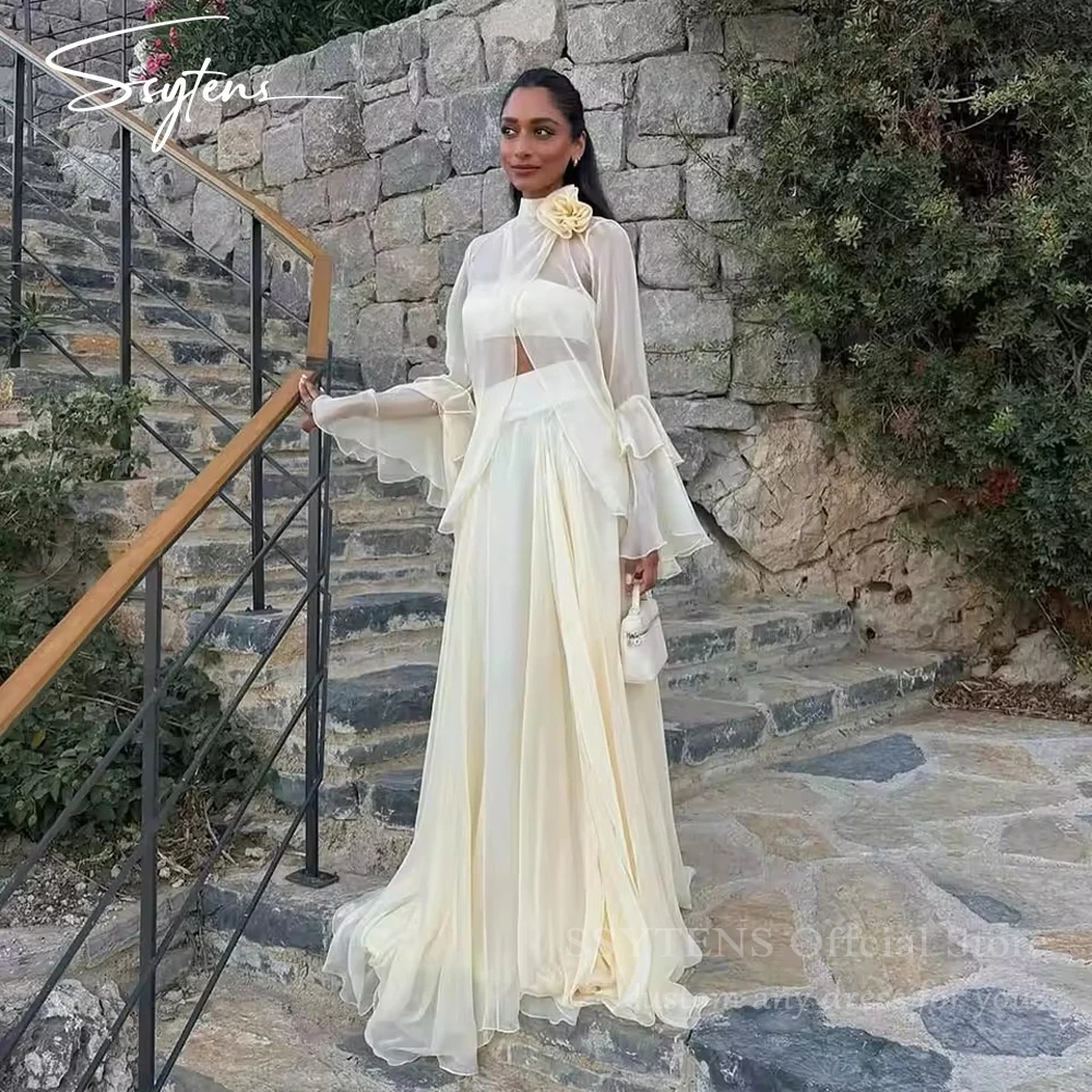

SSYTENS Elegant Prom Dresses Long Sleeves Flower Wedding Party Dresses High Collar Soft Chiffon Evening Dresses 2026 Customized