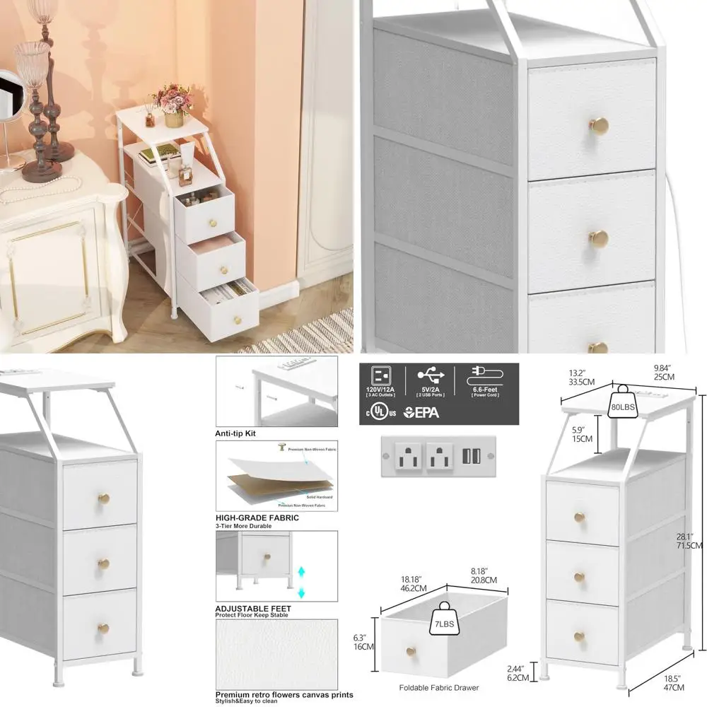 

Vertical Slim Chest of Drawers with 3 Drawers, Charging Station, Nightstand for Bedroom, Bathroom, Small Spaces (White)