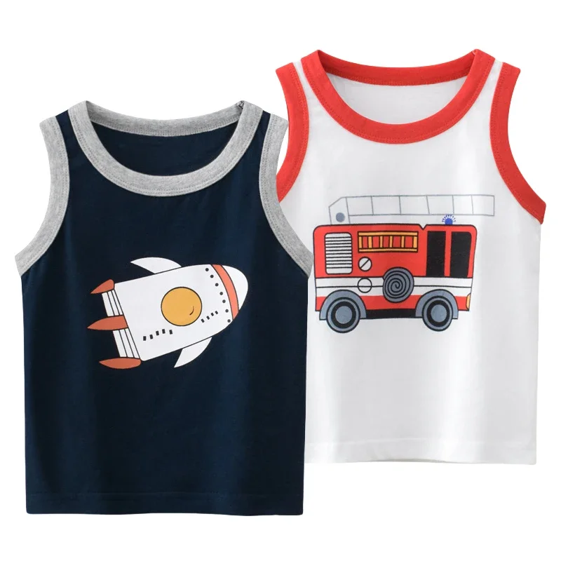 

Cartoon Rocket Boys Vest 2025 Summer New Bus Tops Tees Children's Sleeveless O-Neck Cotton T-Shirts Kids Clothes 2-10Years