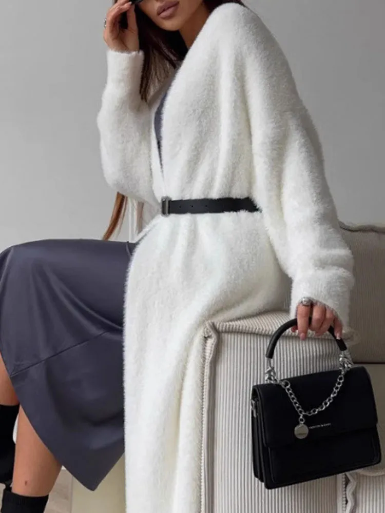 

Осенний элегантный женский вязаный длинный кардиган, модное повседневное белое простое пальто 2025 года, праздничное рабочее женское однотонное трикотажное пальто