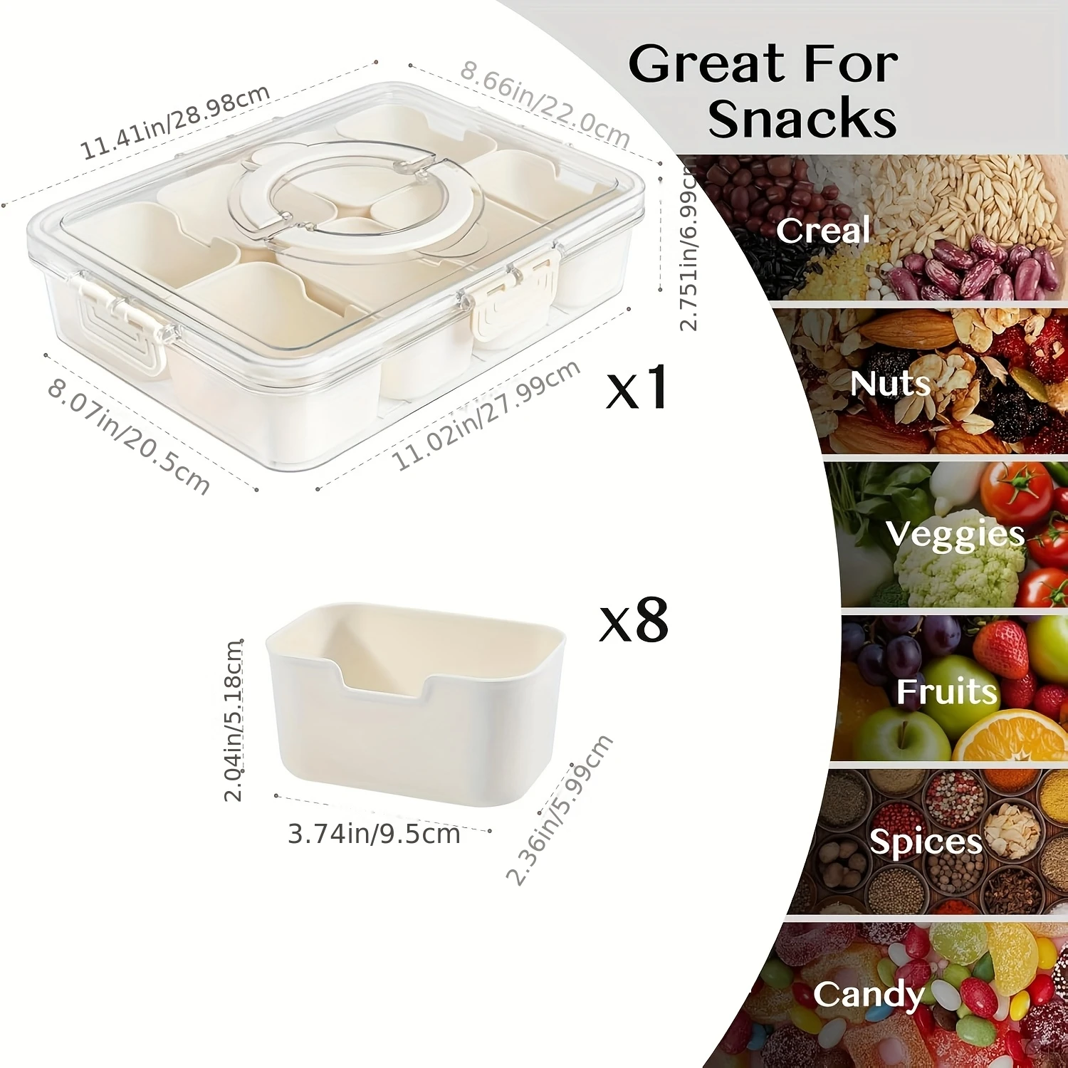 1/2 مجموعة حاوية علب الوجبات الخفيفة، صندوق الوجبات الخفيفة المحمول 8 مقصورات صينية تقديم مقسمة مع غطاء، منظم تخزين شفاف