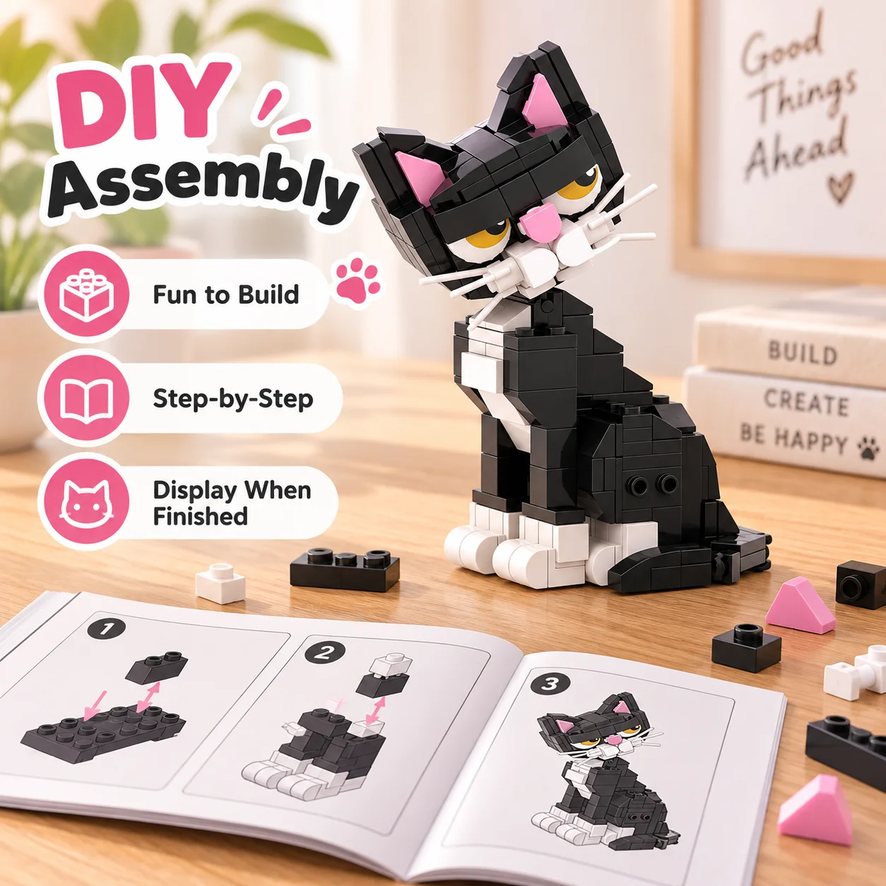Black White Tuxedo Cat MOC Building Blocks Model, Cute Kitty DIY Assembly Bricks Ornament, Home Desktop Bookshelf Decor