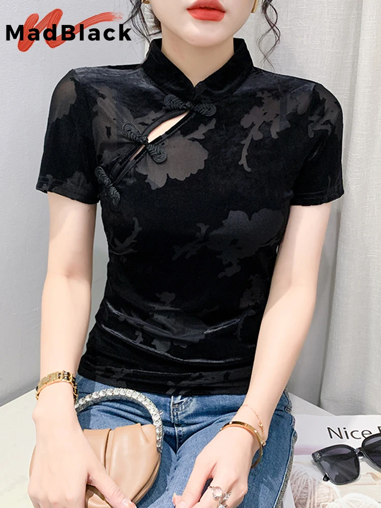 MadBlack Classic Summer European Clothes TShirts Woman Sexy Stand Collar Frog Print Slim Velour Tops Short Sleeve Tees T34319C