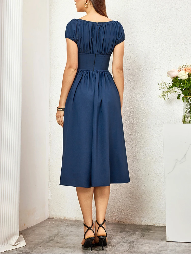 NewAsia Women\'s Short Sleeves Square Neck Midi Corset Dress Flowy Swing A line Fashion Casual Long Dresses Navy Summer