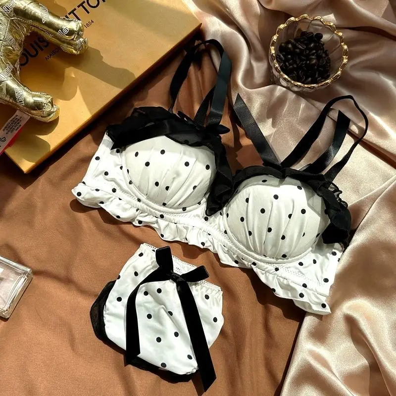 

Сексуальный кружевной тонкий бюстгальтер в горошек, небольшая грудь со сборками, коллекция аксессуаров для груди, удобный комплект нижнего белья на косточках