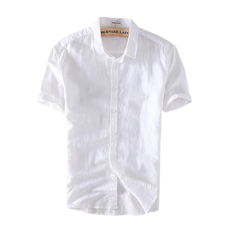 Cotton Linen Shirts For Men Casual Short Sleeve Tops Oversize Solid White Turn-Down Collar Tee Male Summer Vacation Clothing