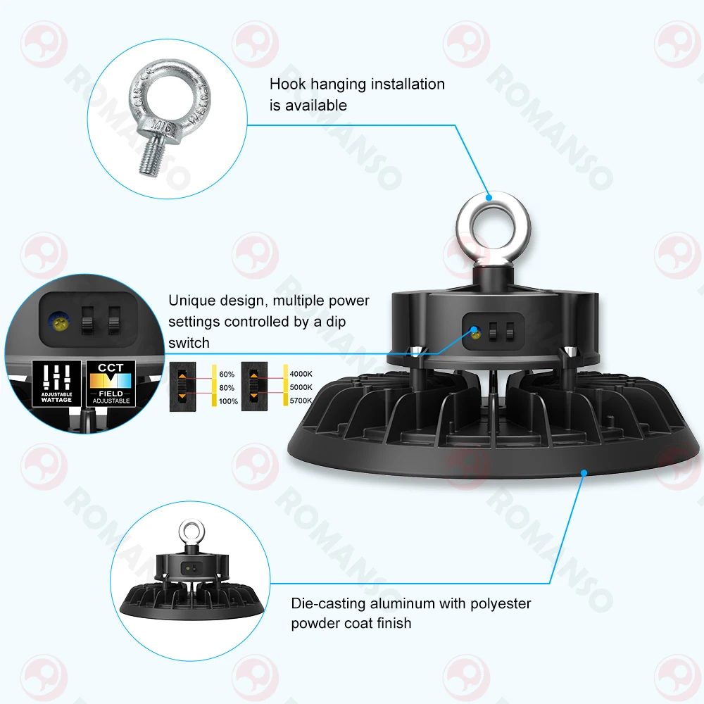 

Stock in USA Canada IP65 High Bay Light Multiple Power CCT Selection 100W-240W Warehouse UFO Led High Bay Light