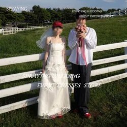 SPRAYING Simple Spaghetti Strap Satin Wedding Dress Photoshoot Long Bow Bridal Gown Korea Garden Wedding Robe Corset Customized