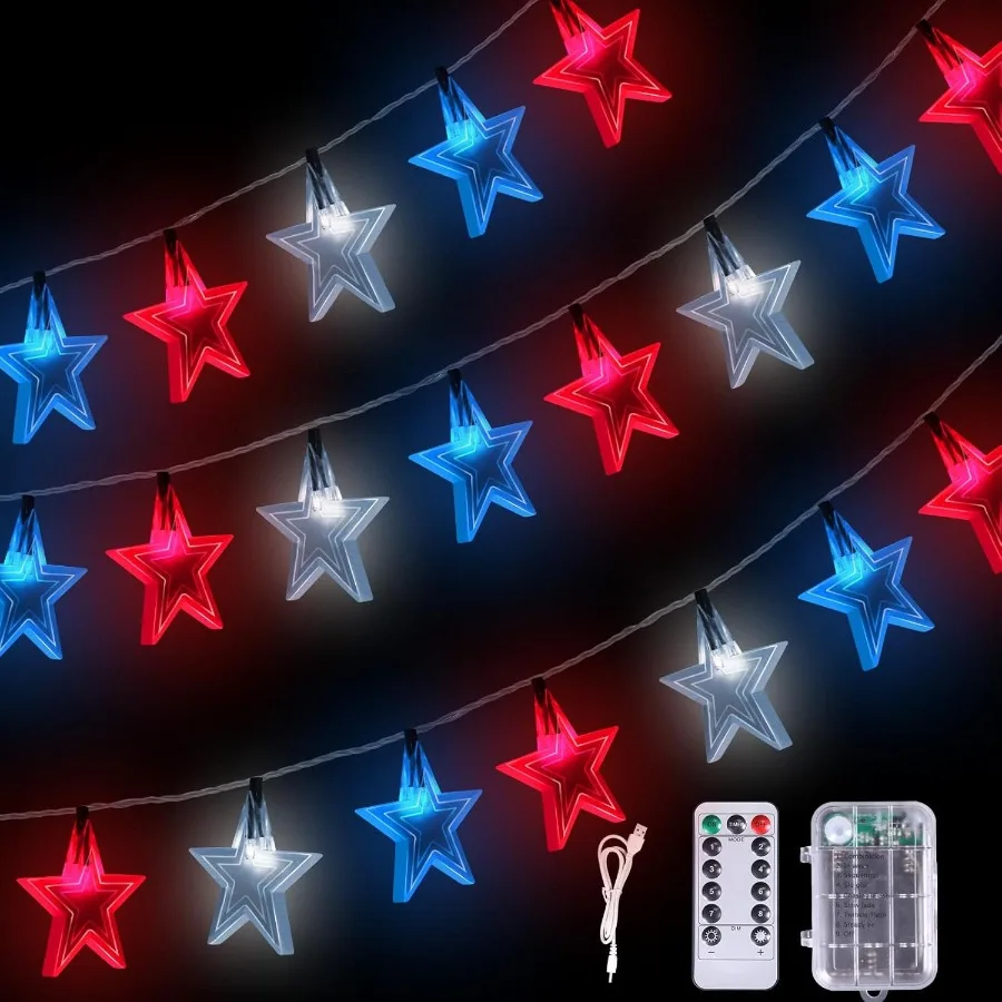 

4th of July Decorations Star Lights 45FT 90Led Red White and Blue String Lights with 8 Modes Battery Operated and USB Charge Pa