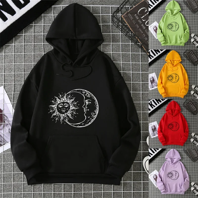 

Женская спортивная рубашка с рисунком Солнца и Луны, пуловер с длинными рукавами, топ с черным грибным принтом, одежда с капюшоном, трендовая одежда