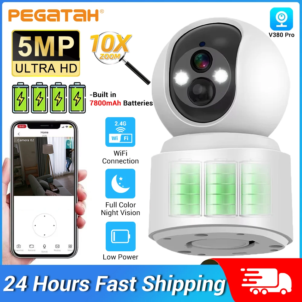 PEGATAH 5MP IP Camera 10X Zoom Baby Monitor Built-in Battery Wifi Wireless PTZ HD Human Detection Cam Secuiry Surveillance Video