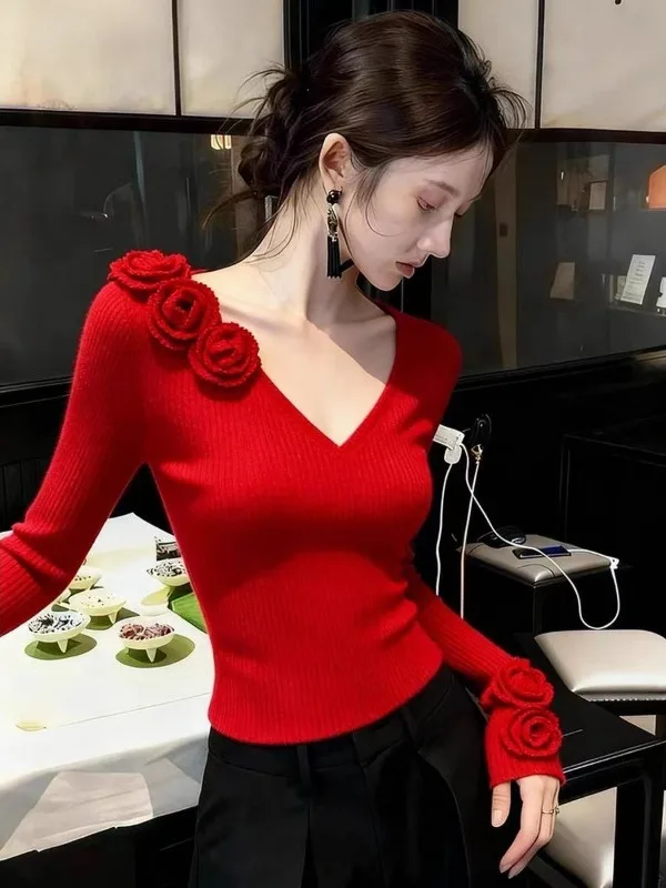 

Элегантный красный вязаный топ с длинным рукавом и V-образным вырезом, облегающий, с модным 3D-принтом в виде цветов, высококачественный, женский, Nicole Rose