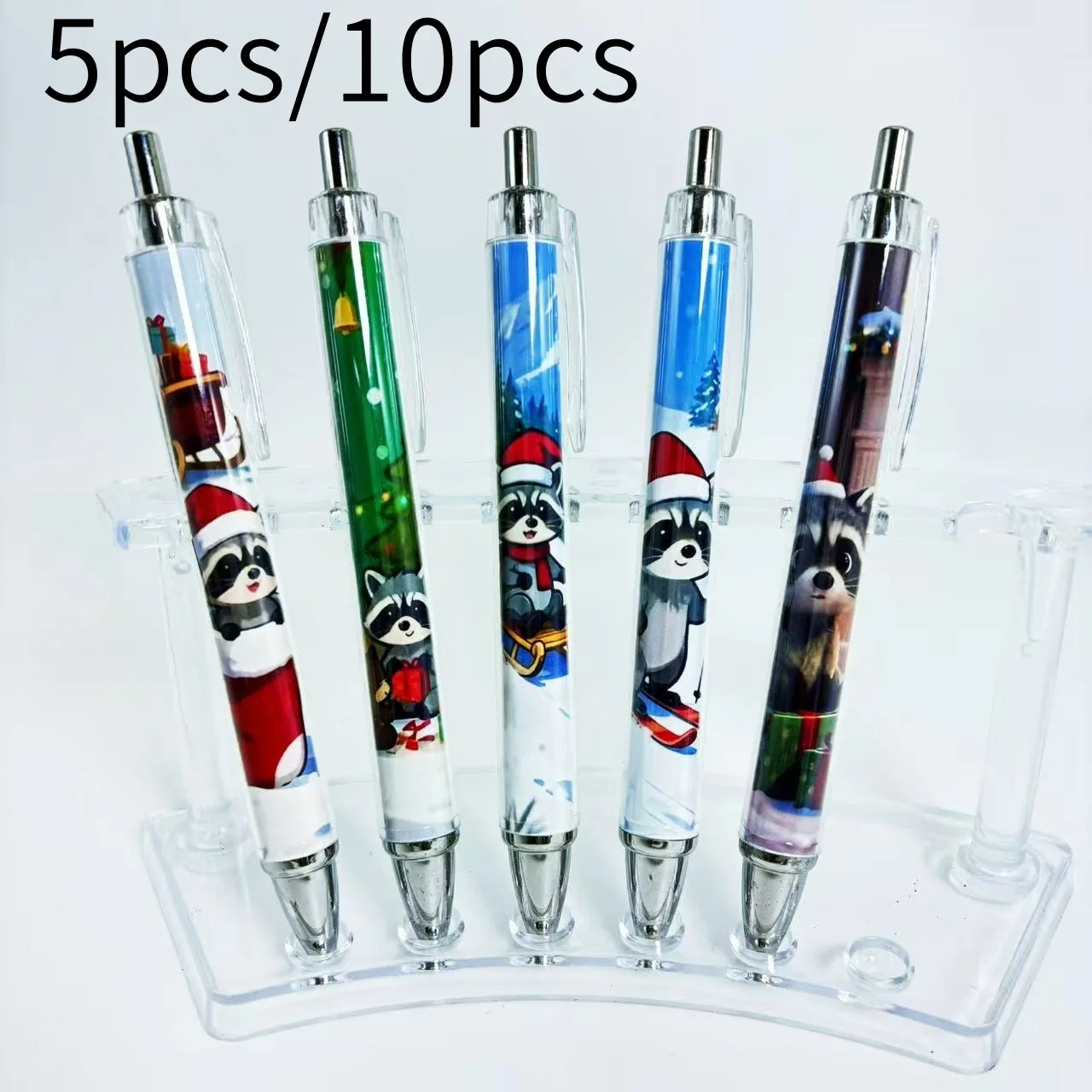 

5Pcs/10Pcs Creative Little Raccoon Themed Retractable Ballpoint Pens Christmas Raccoon Series Ballpoint Pens Student Writing Gift Pens