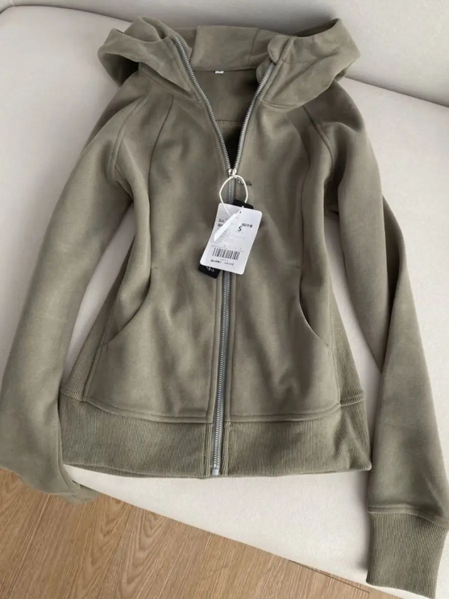 Slim Fit Olive Green Hoodie Jacket Women's Sporty Zipper Cardigan White Enhancing Top for Autumn New Arrival Student Friendly