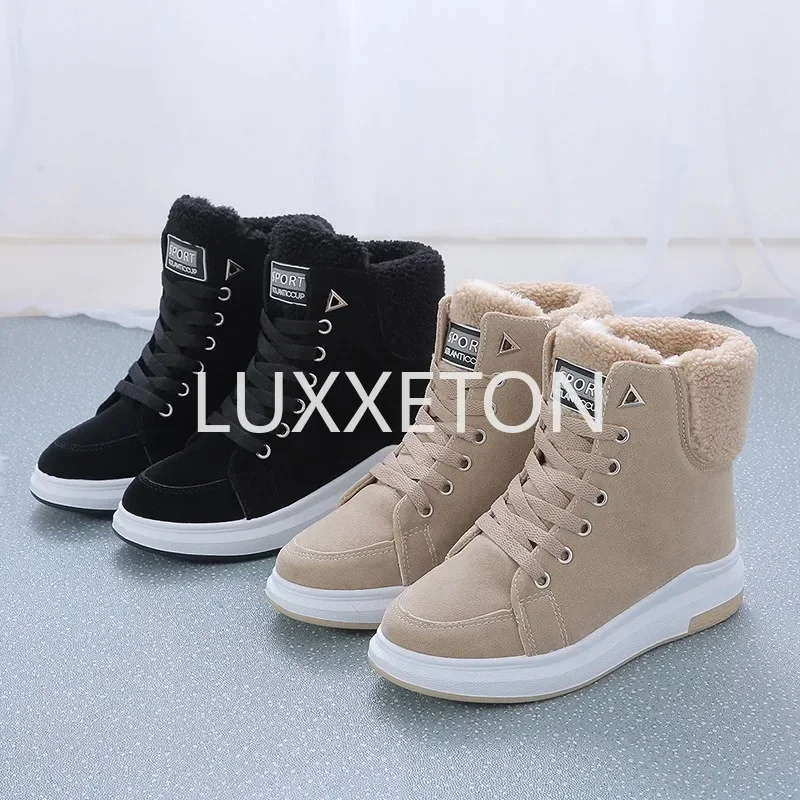 2024 Winter Boots Women Ankle Boots Warm PU Plush Winter Woman Shoes Sneakers Flats Lace Up Ladies Shoes Women Short Snow Boots