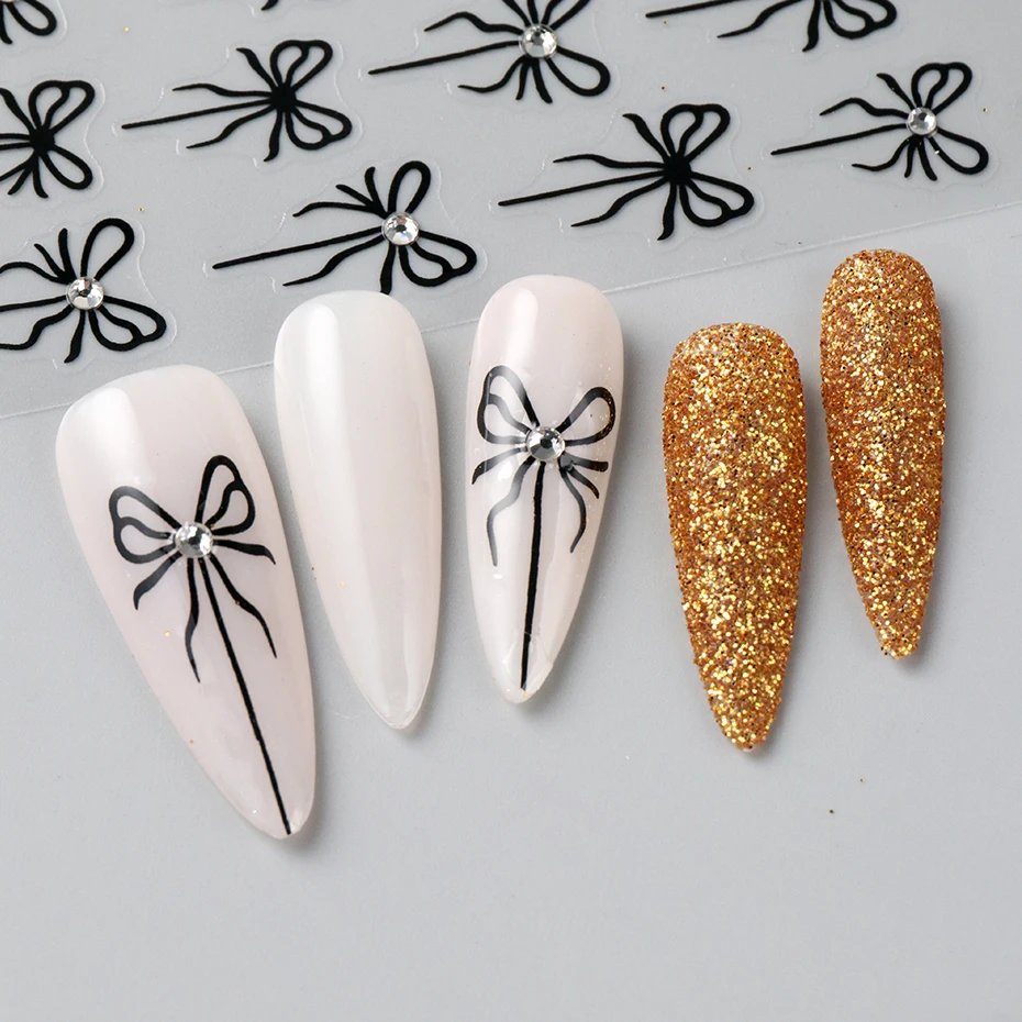 2개 3D 라인스톤 리본 네일 아트 스티커 반짝이는 크리스탈 블랙 리본 접착 장식품 새해 DIY 네일 용품