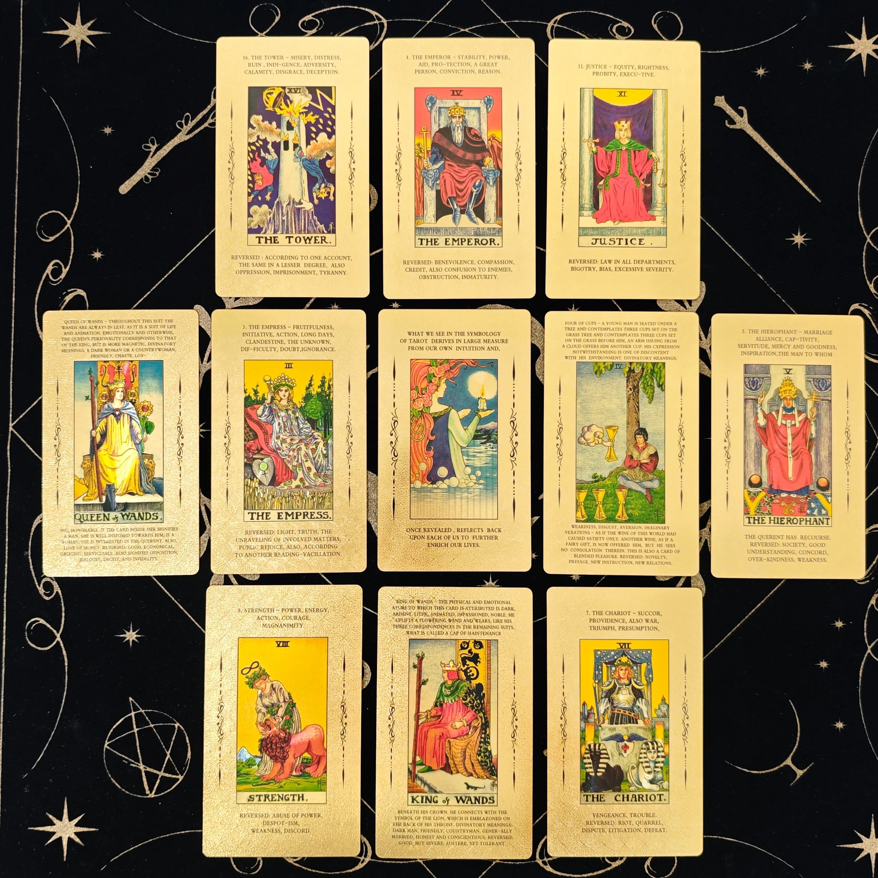 

2025 New Big Size 12x7cm Gold Foil Tarot Deck 80 Cards with Paper Instruction Manual PVC Material Waterproof for Entertainment